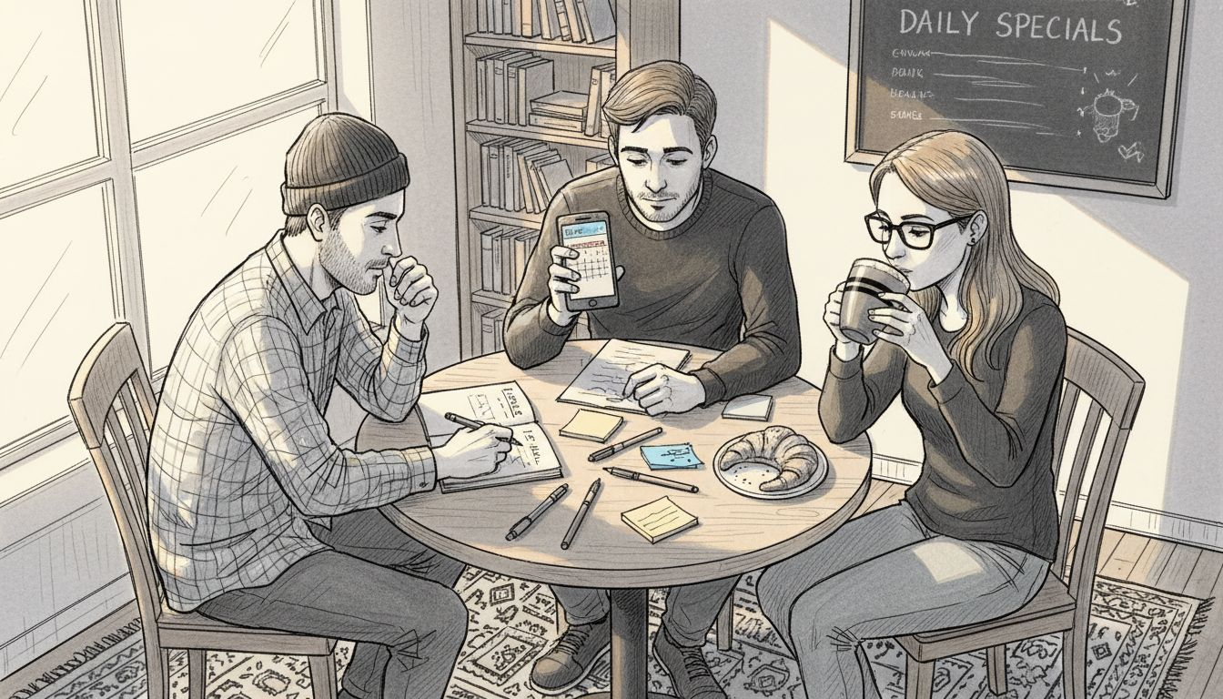 Friends planning meetup in cozy café setting