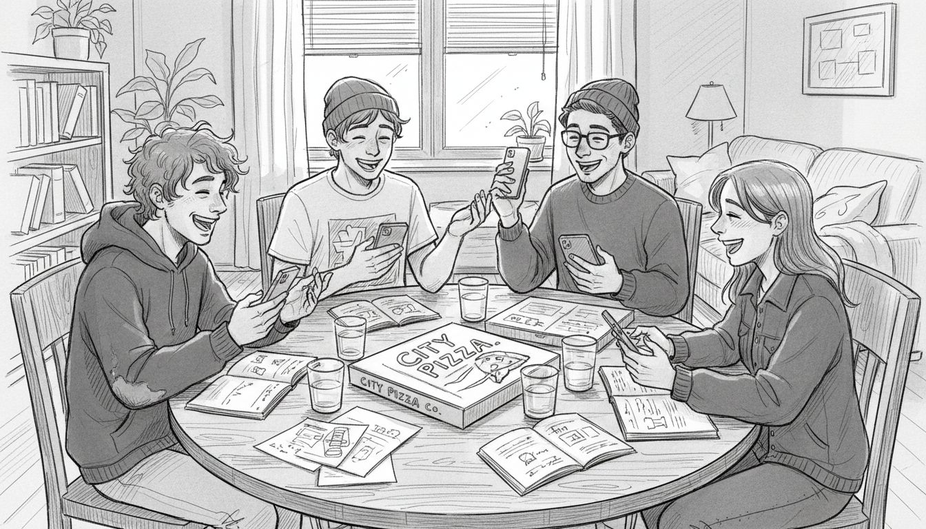 Friends casually planning on phones in apartment