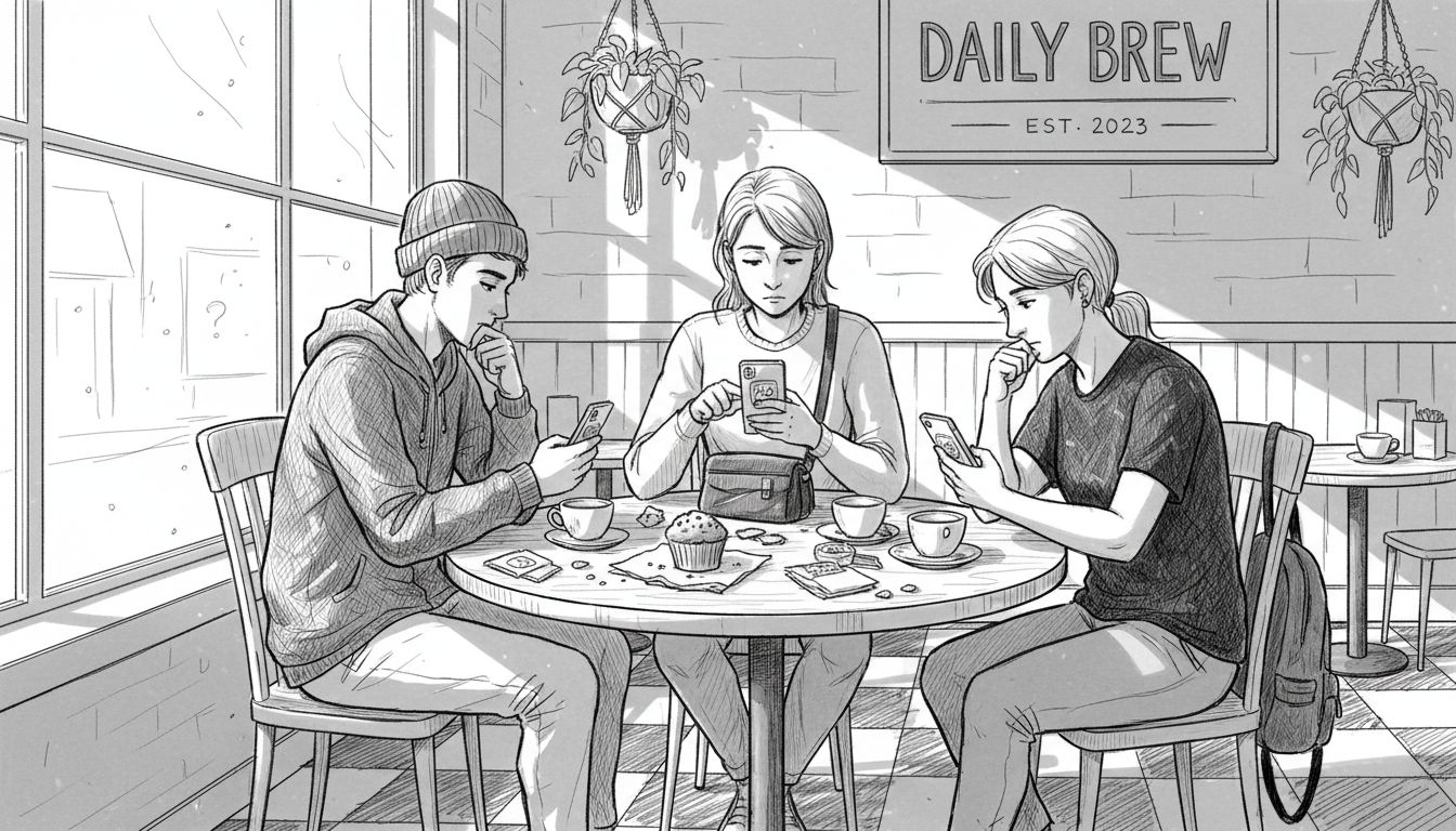 Friends undecided, phones out at coffee shop