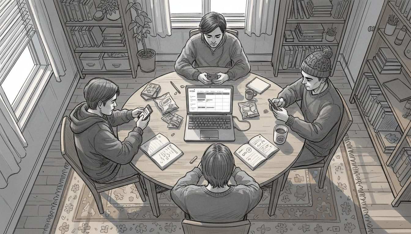 Friends preparing group plans at dining table