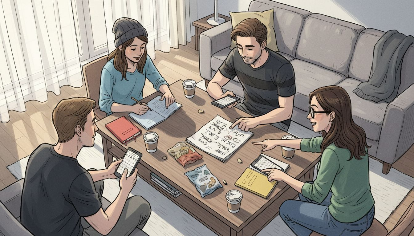 Group of friends planning meet-up in living room