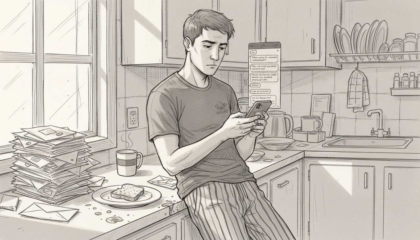 Man stressed by group chat scheduling on phone