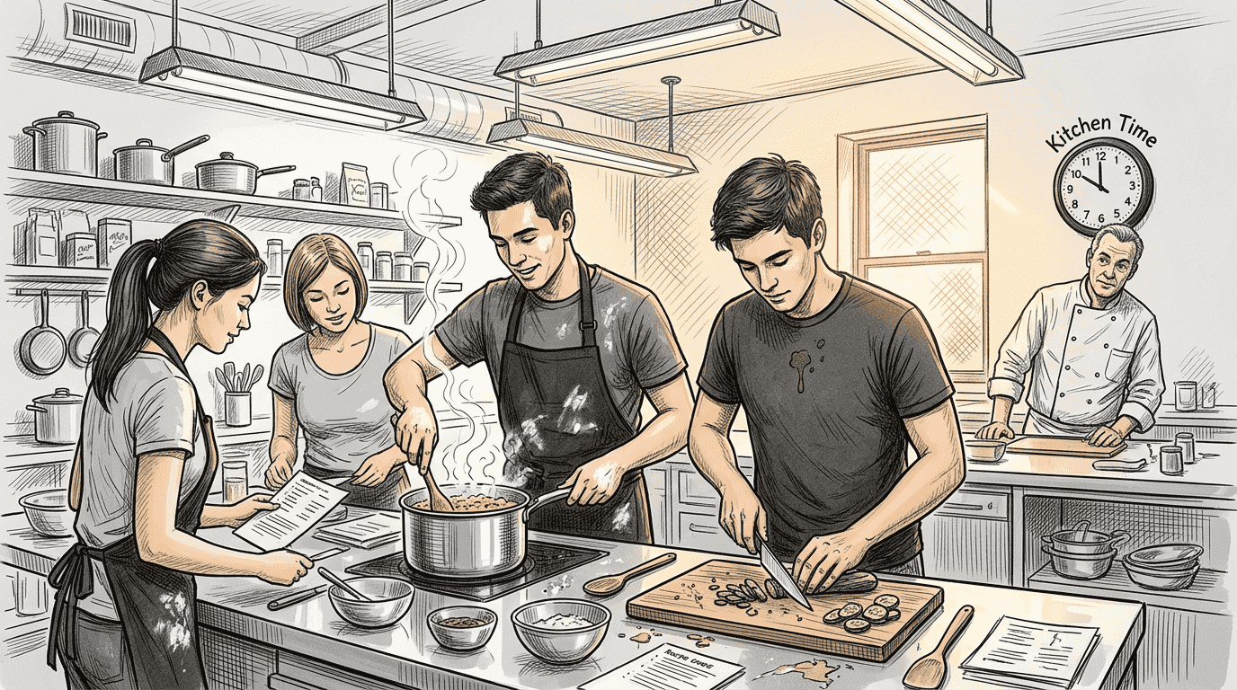 Group cooking class with teamwork