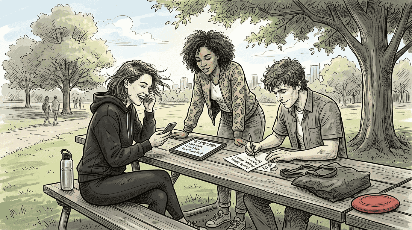 Friends brainstorming event ideas at park table