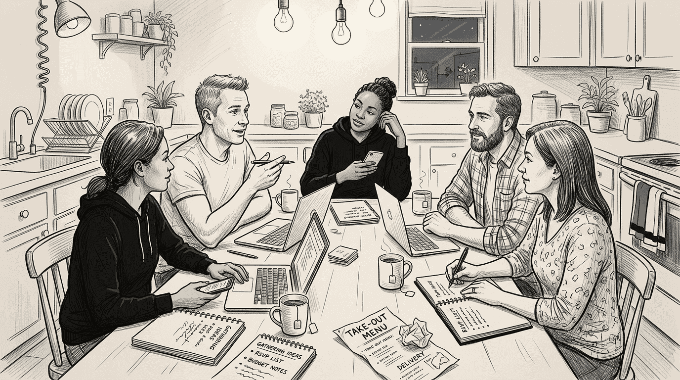 Group collaborating on event plans around kitchen table