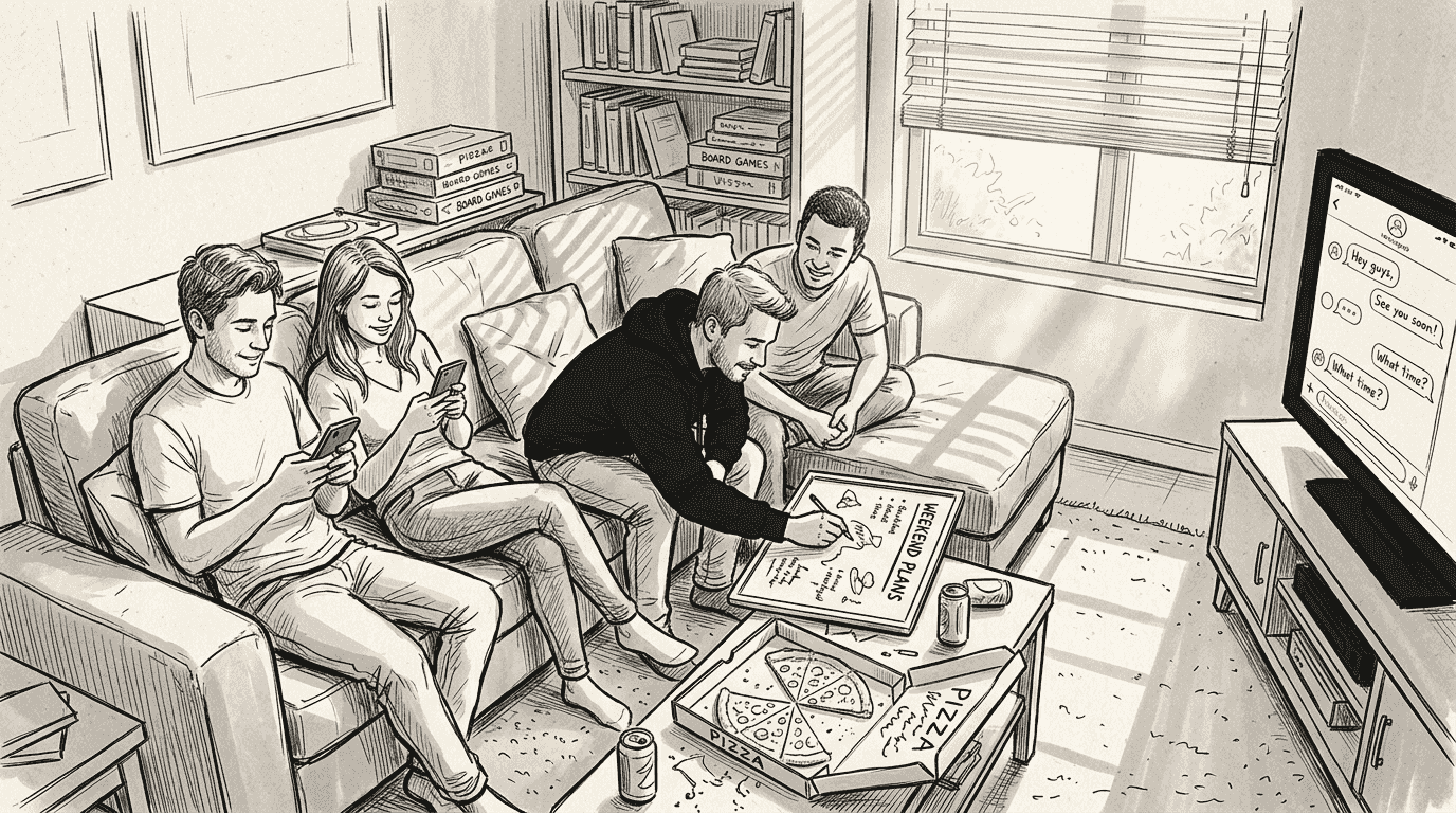 Friends informally planning social event in living room