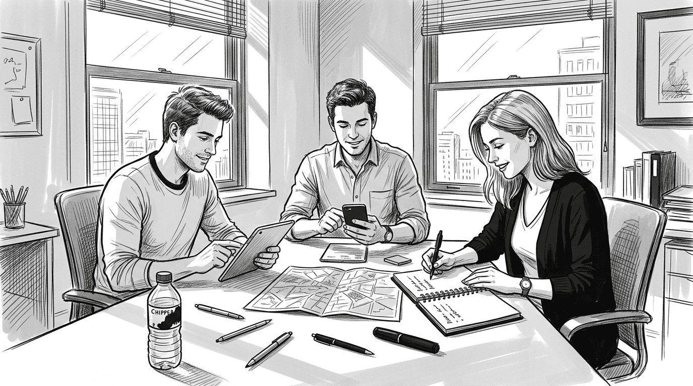 Friends planning group outing in office