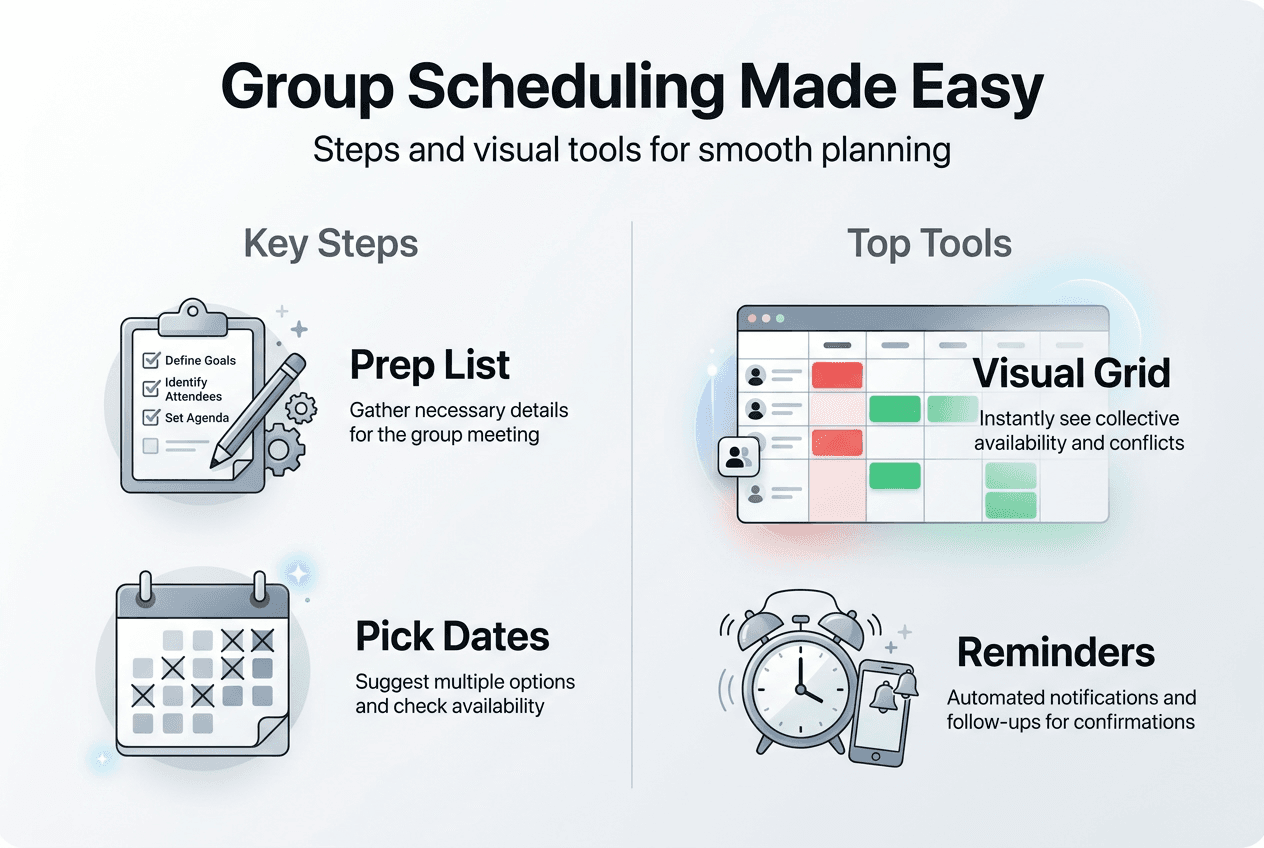 Infographic showing group scheduling steps and tools