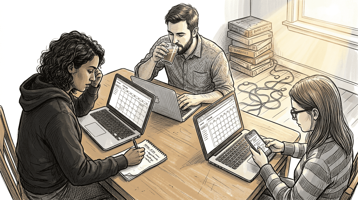 Friends planning group event at kitchen table