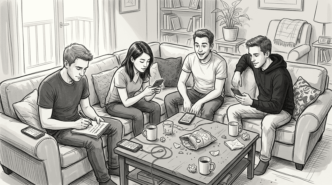 Friends planning hangout in casual living room
