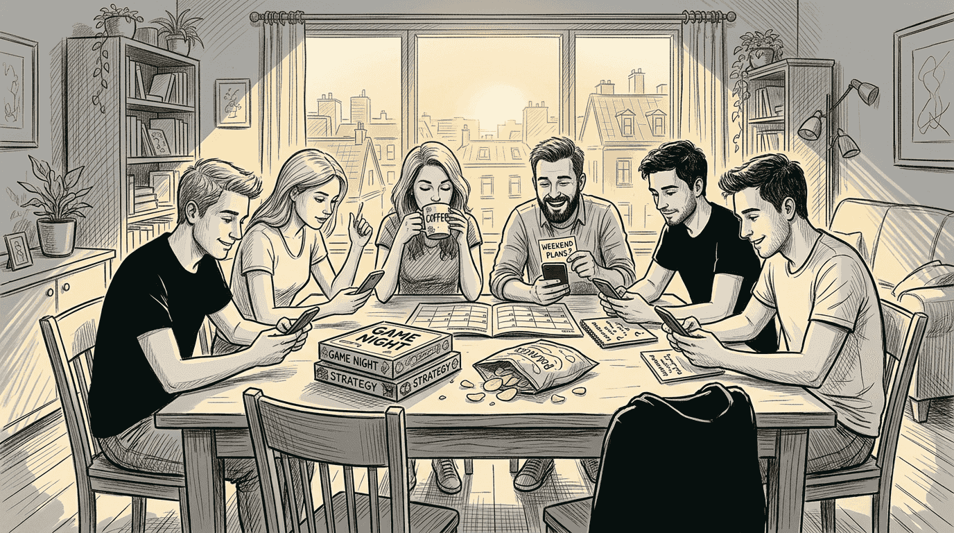 Friends coordinate group plans around dining table