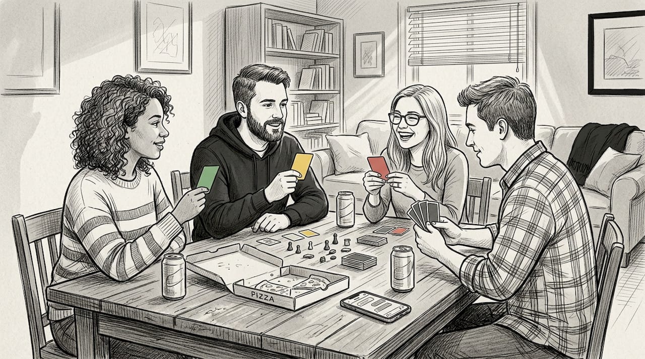 Friends using colored cards for consensus