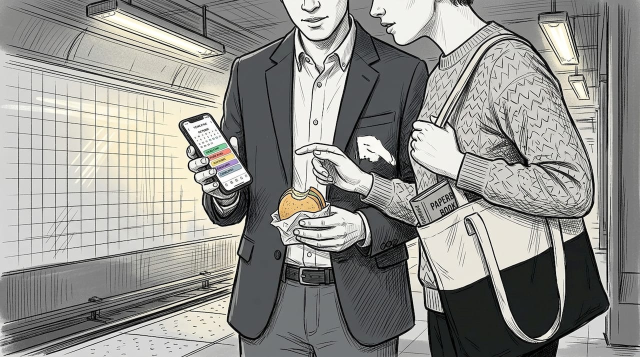 Commuters using group planning app on subway