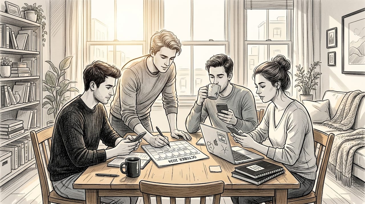 Group planning a hangout on phones at table