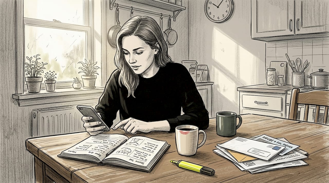 Woman coordinating group schedule at kitchen table