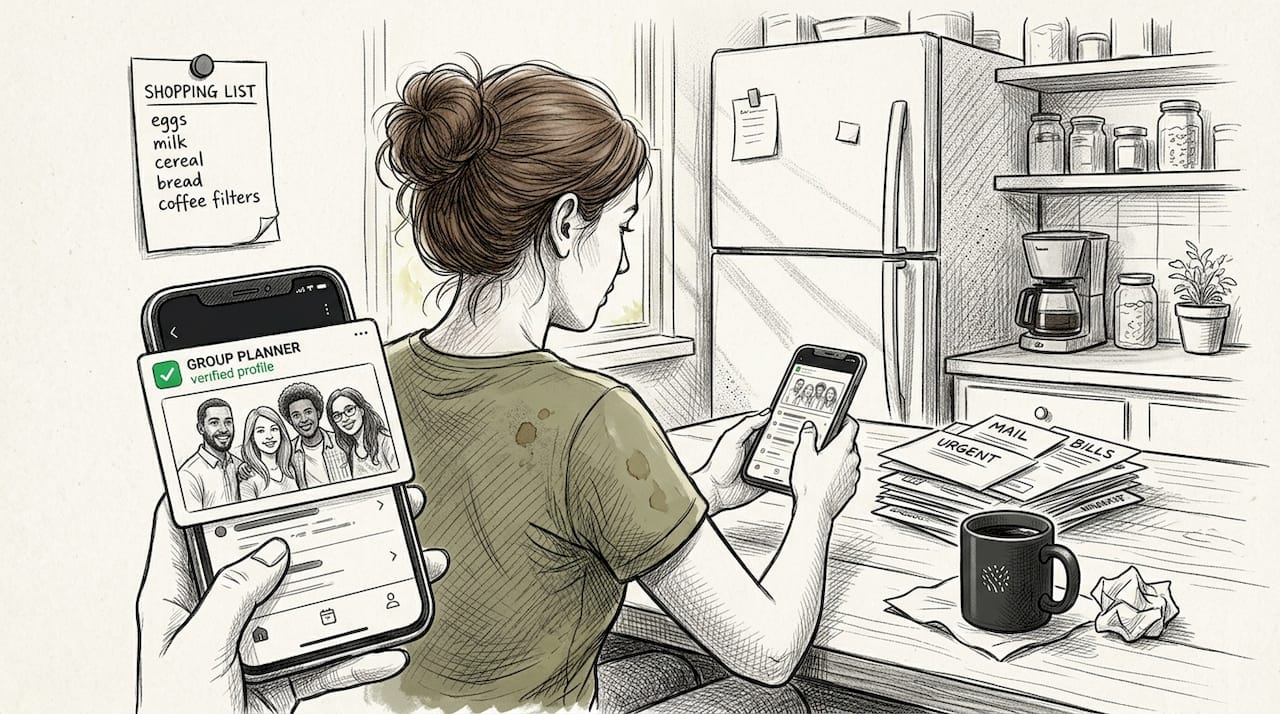 User checks app safety and profiles at kitchen