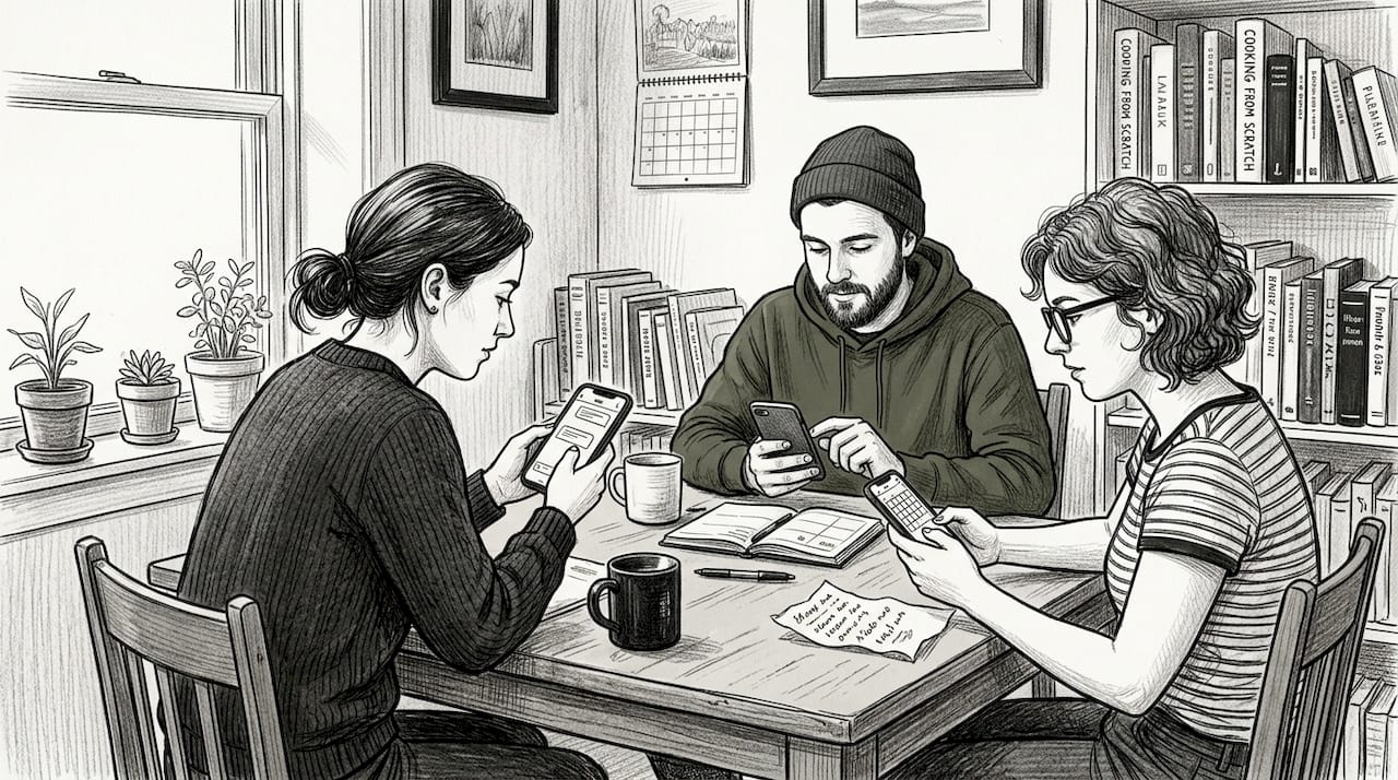 Friends planning event on phones at home table