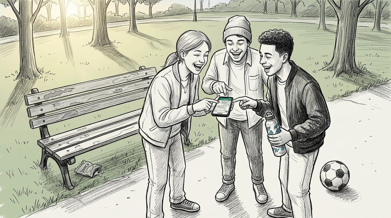 Friends checking phones for group decision