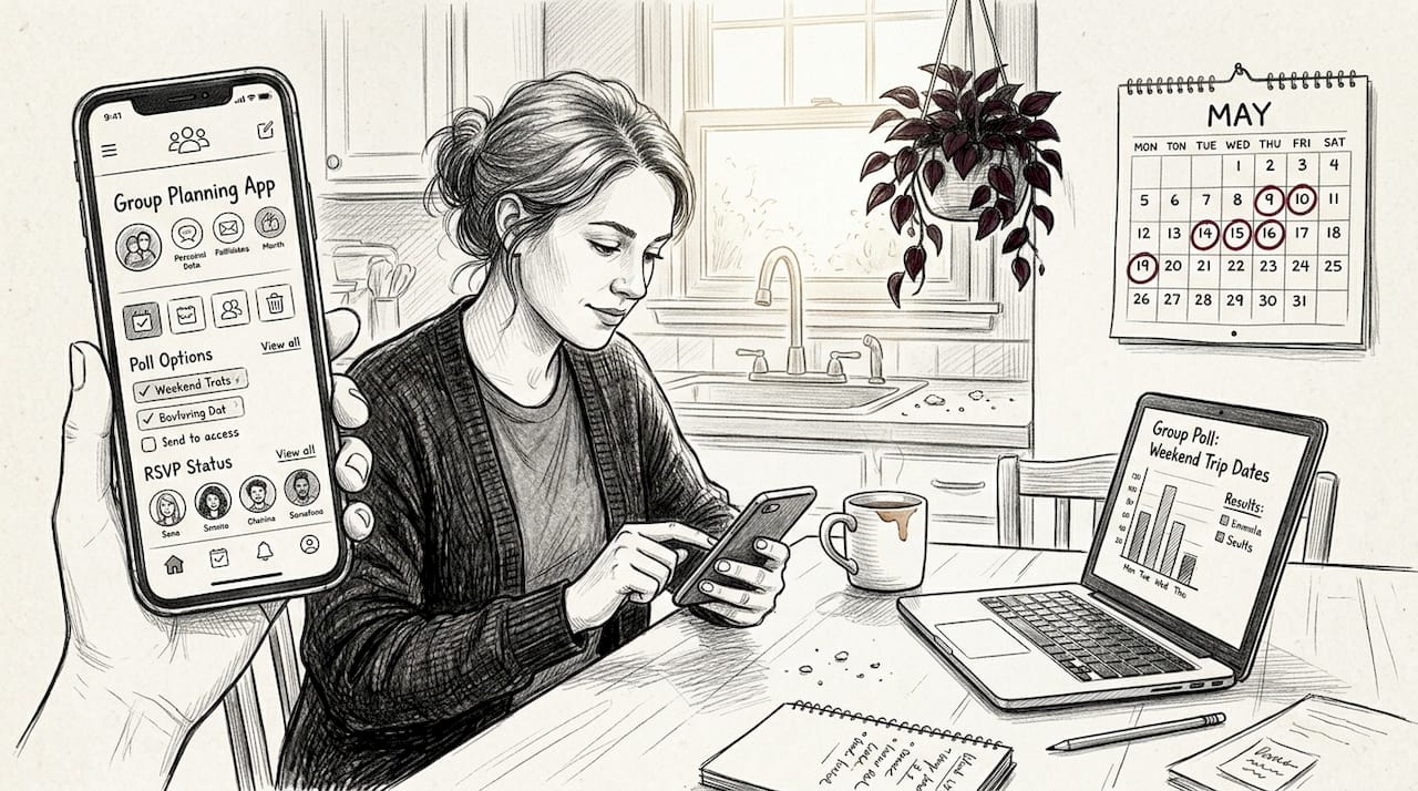 Woman using group planning app at kitchen table