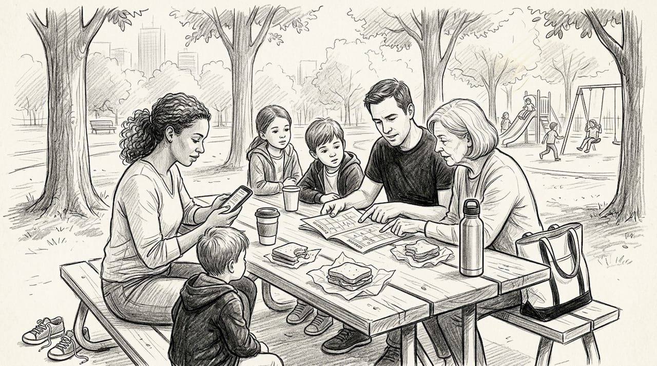 Friends planning group outing at park table