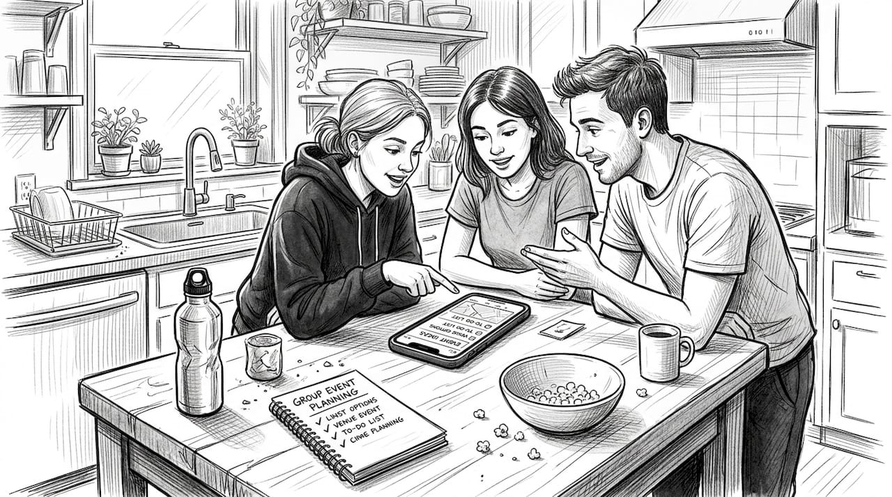 Friends planning together at kitchen island