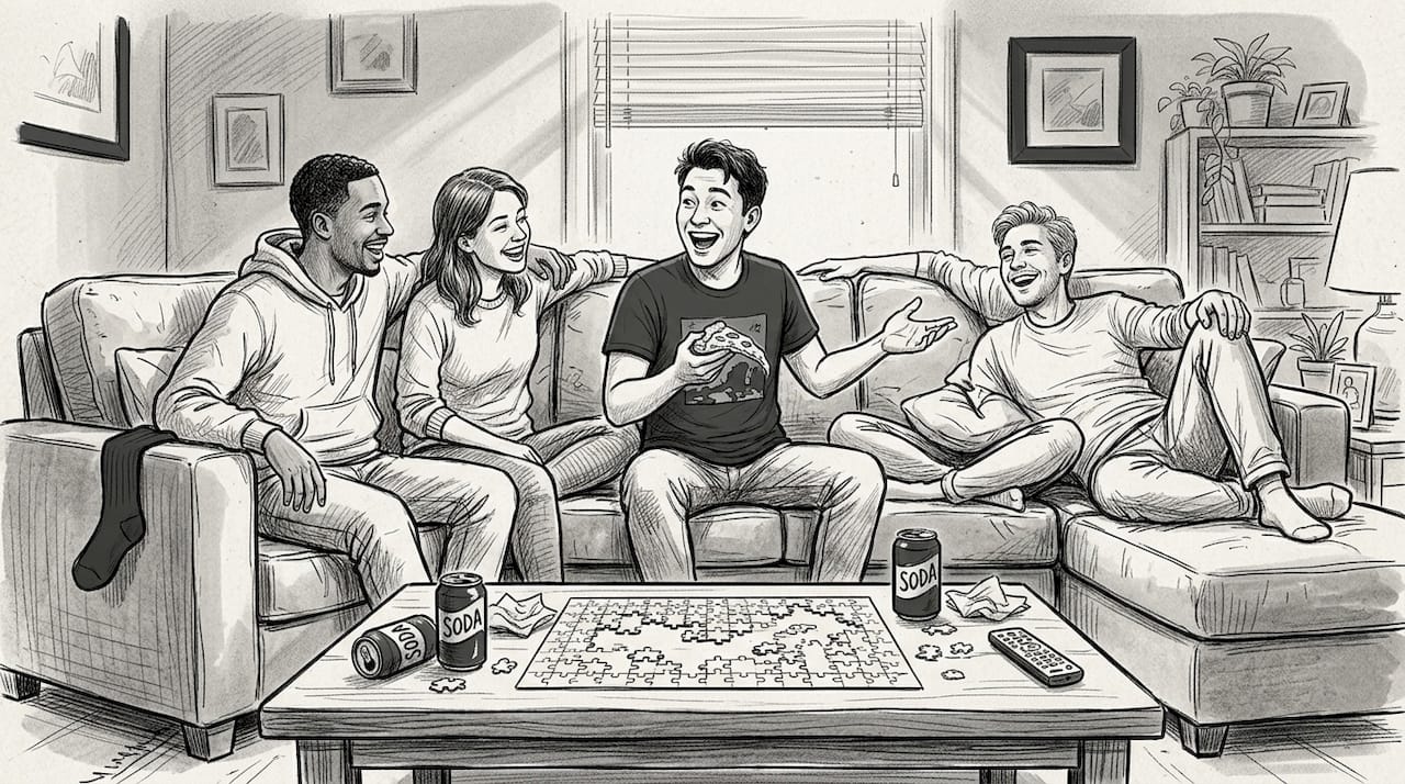 Friends chatting and laughing in cozy living room