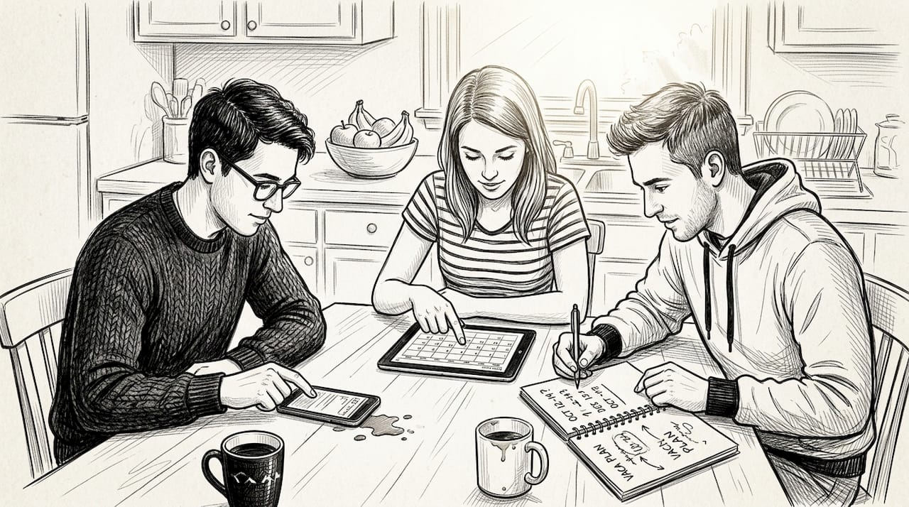 Friends scheduling event at kitchen table