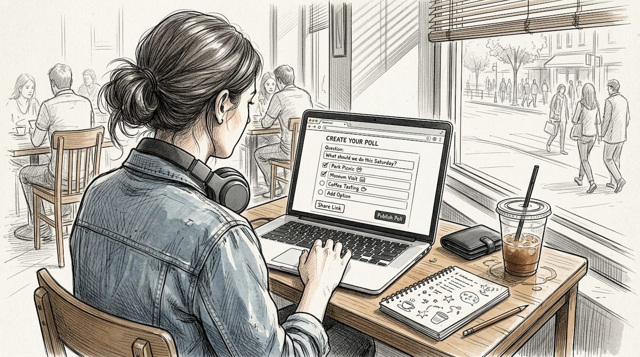 Person creating poll on laptop in café