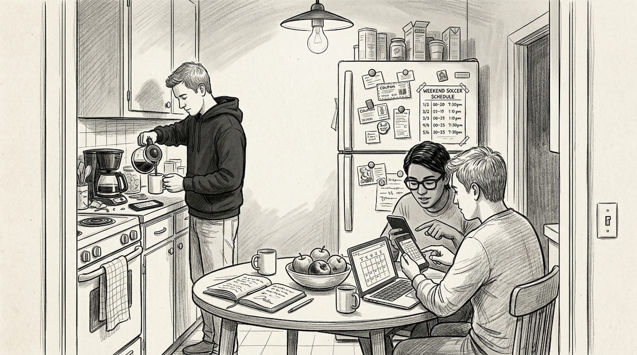 Group chatting for social plans in kitchen