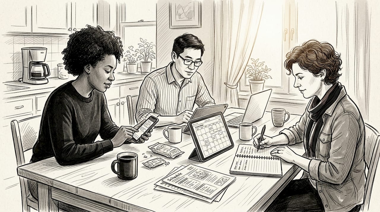 Friends working on group event planning at table