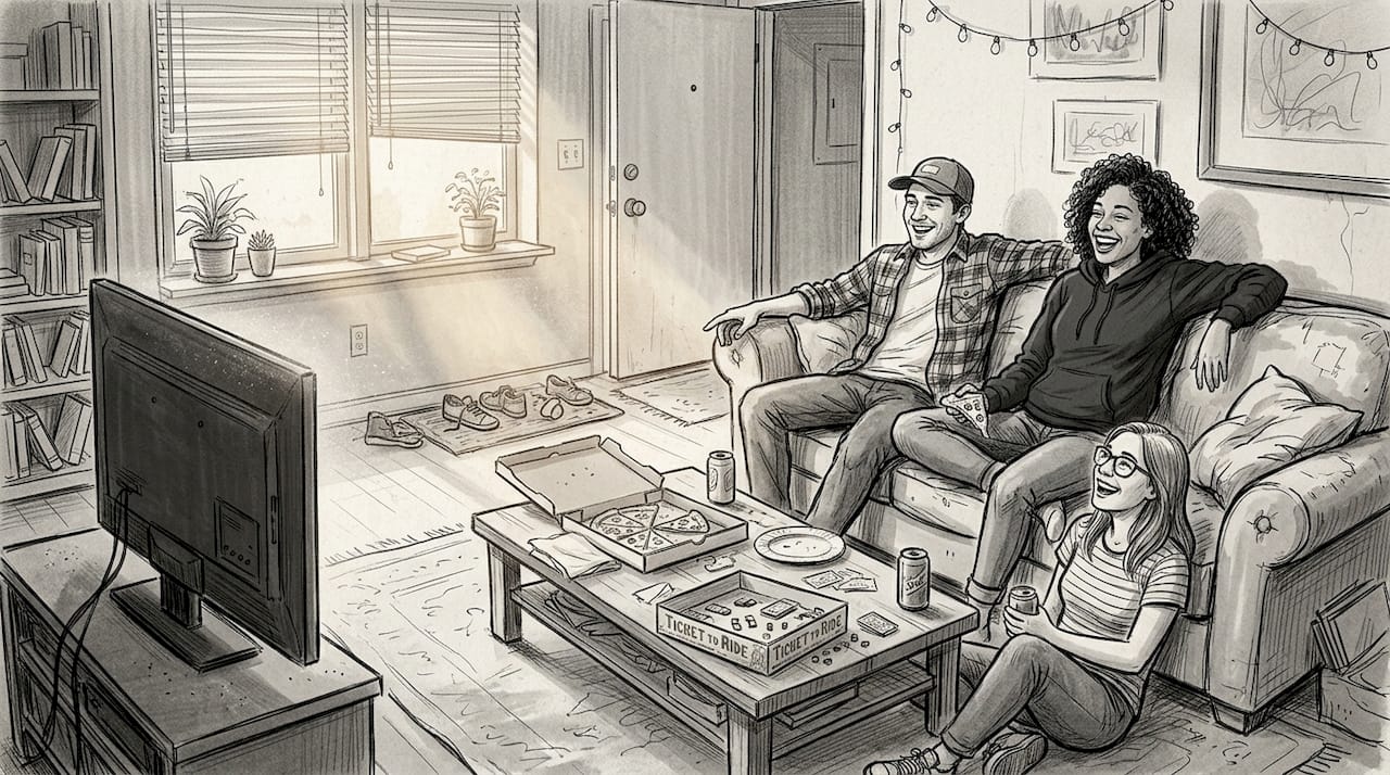 Friends relaxing in small apartment living room