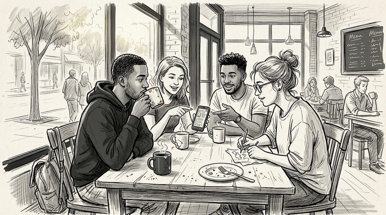 Friends talking around coffee shop table