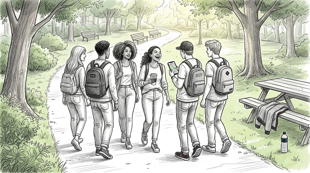 Group of friends walking in park together