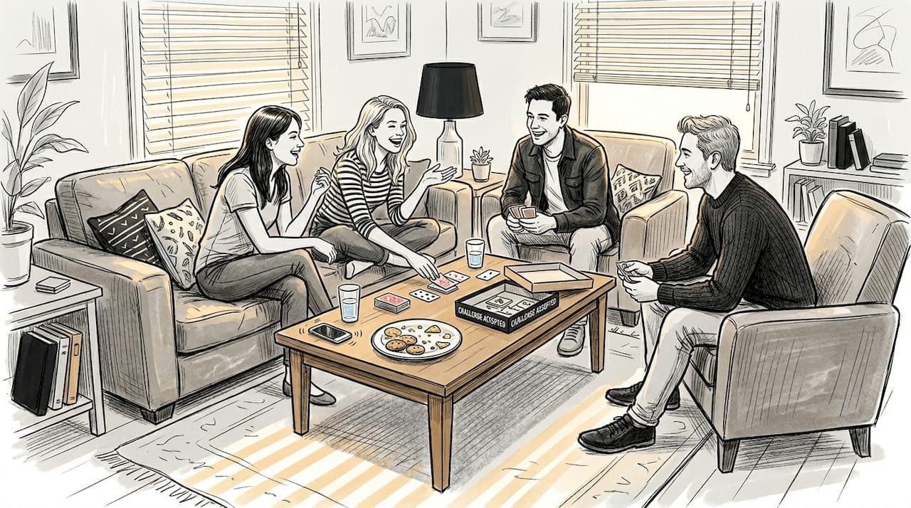 Friends chatting with games in living room