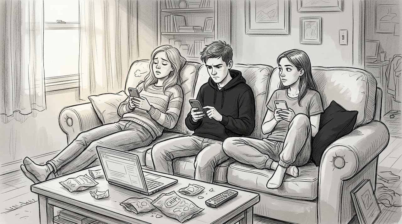 Friends sitting apart focused on phones