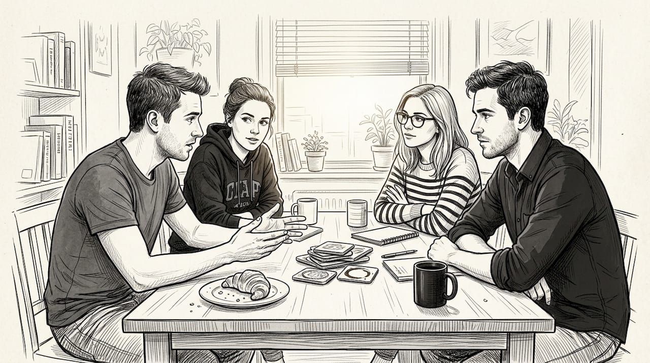 Friends sitting at kitchen table in discussion