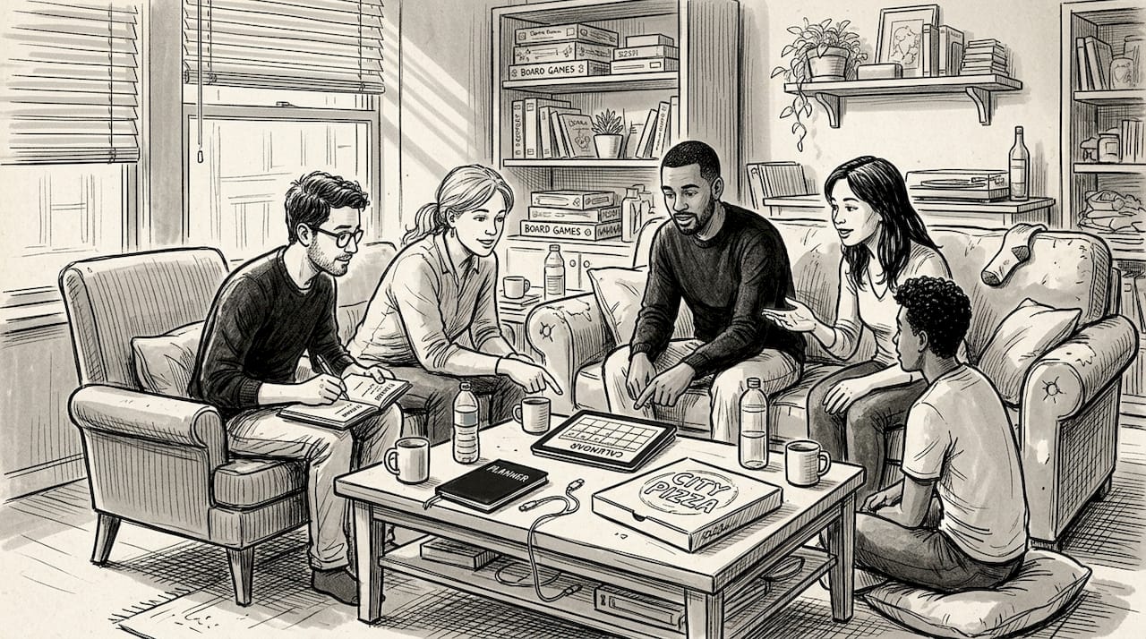 Group planning meeting in cozy apartment