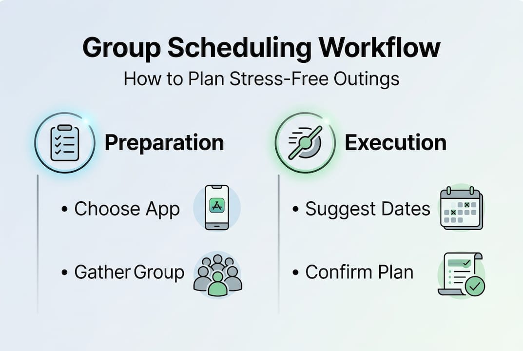 Infographic summarizing group scheduling workflow steps