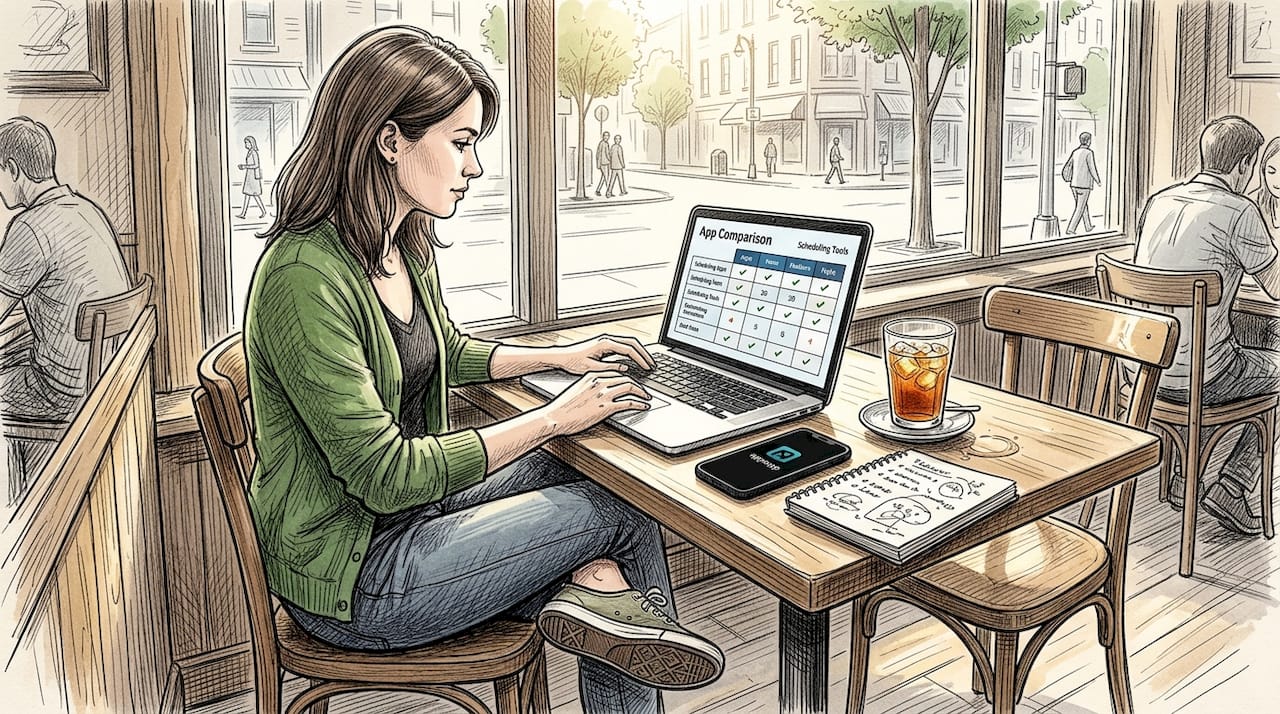 Woman comparing group scheduling apps in cafe