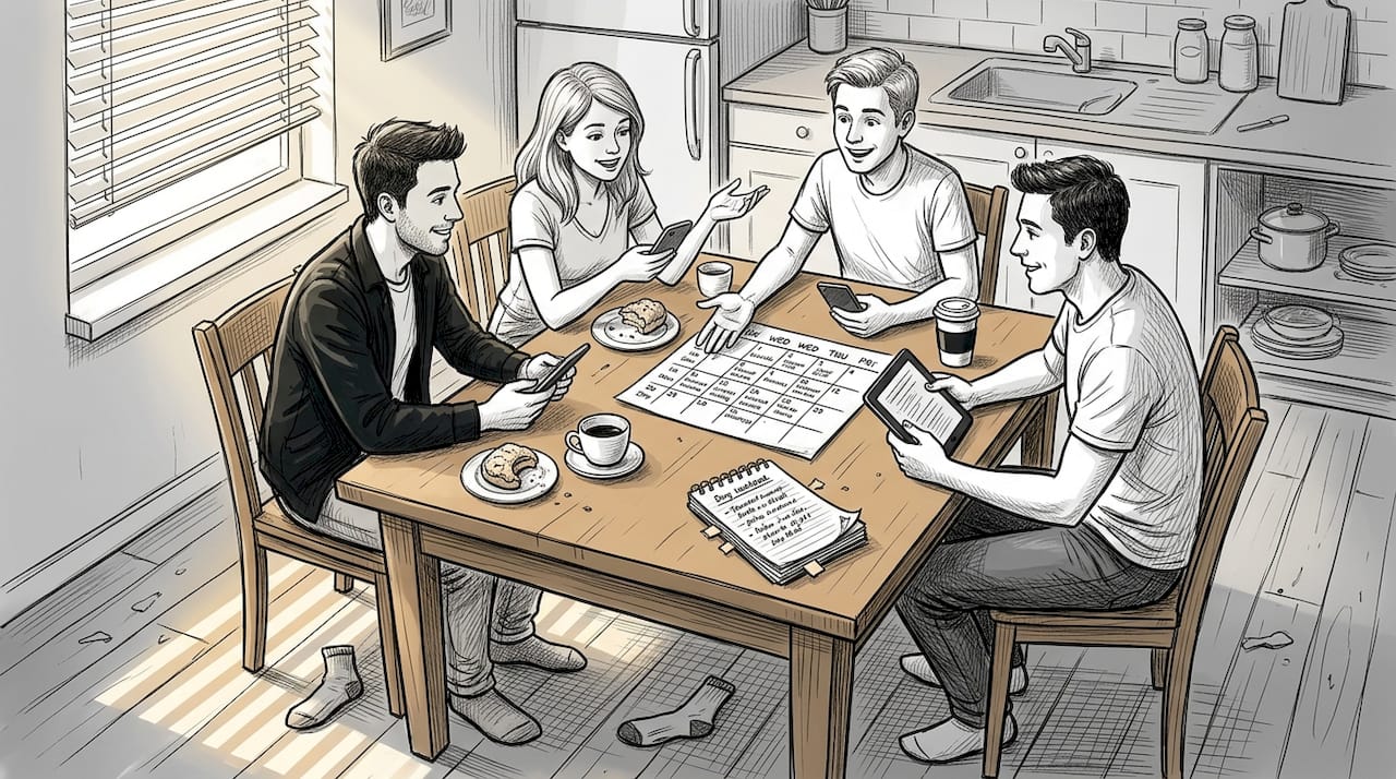 Friends planning group outing at kitchen table