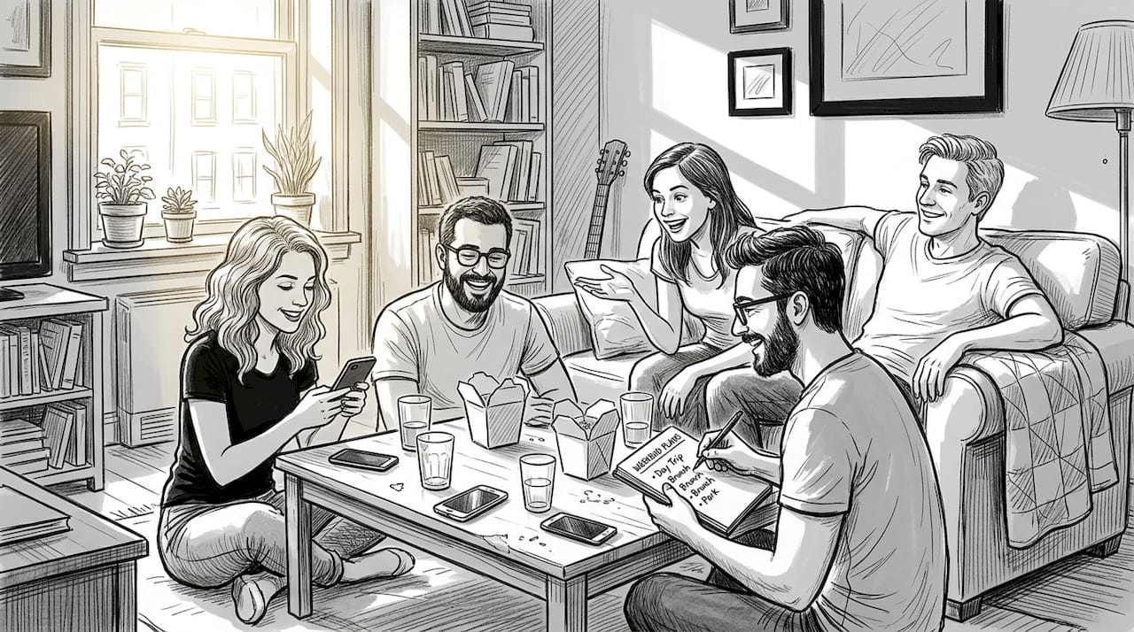 Friends casually planning together in cozy living room
