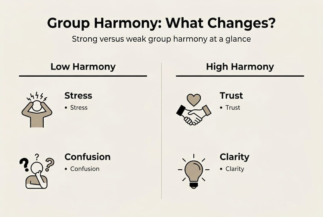 Infographic comparing strong versus weak group harmony