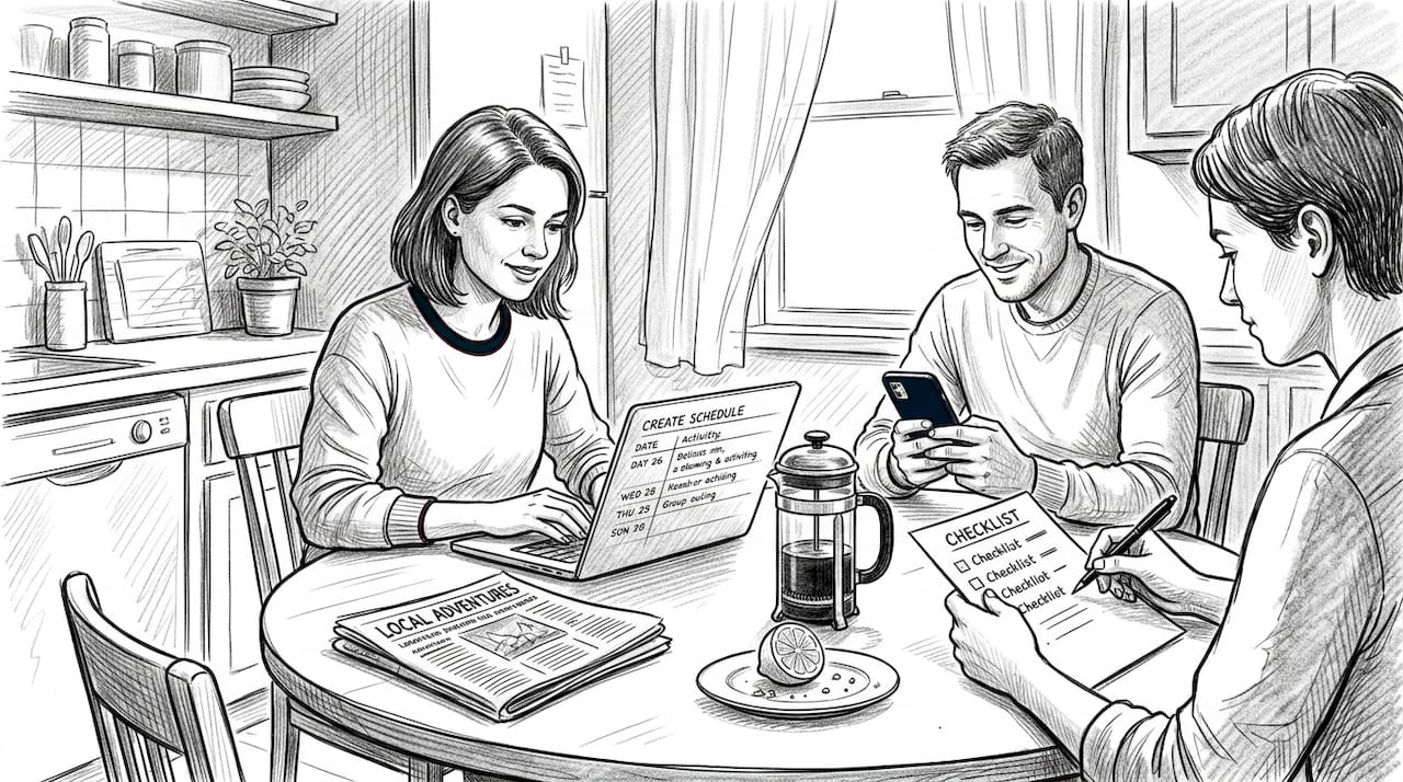 Group handling event logistics at kitchen table