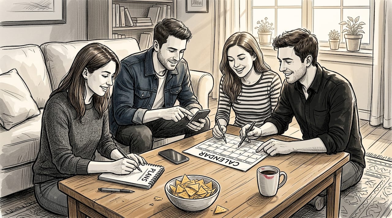 Friends planning event at living room table