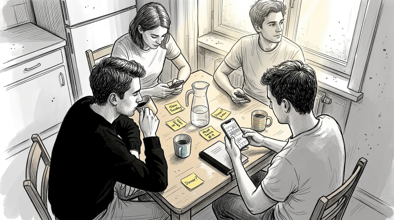 Group of friends distracted during planning at table