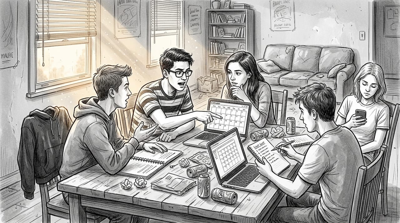 Friends debating group plans around a table