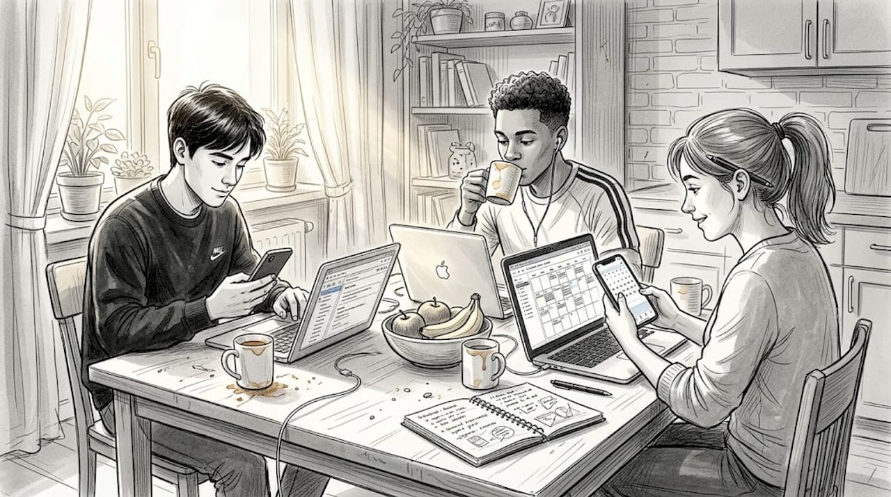 Friends coordinating group plans at home table