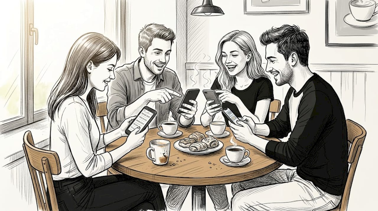 Friends using phones to schedule meetup