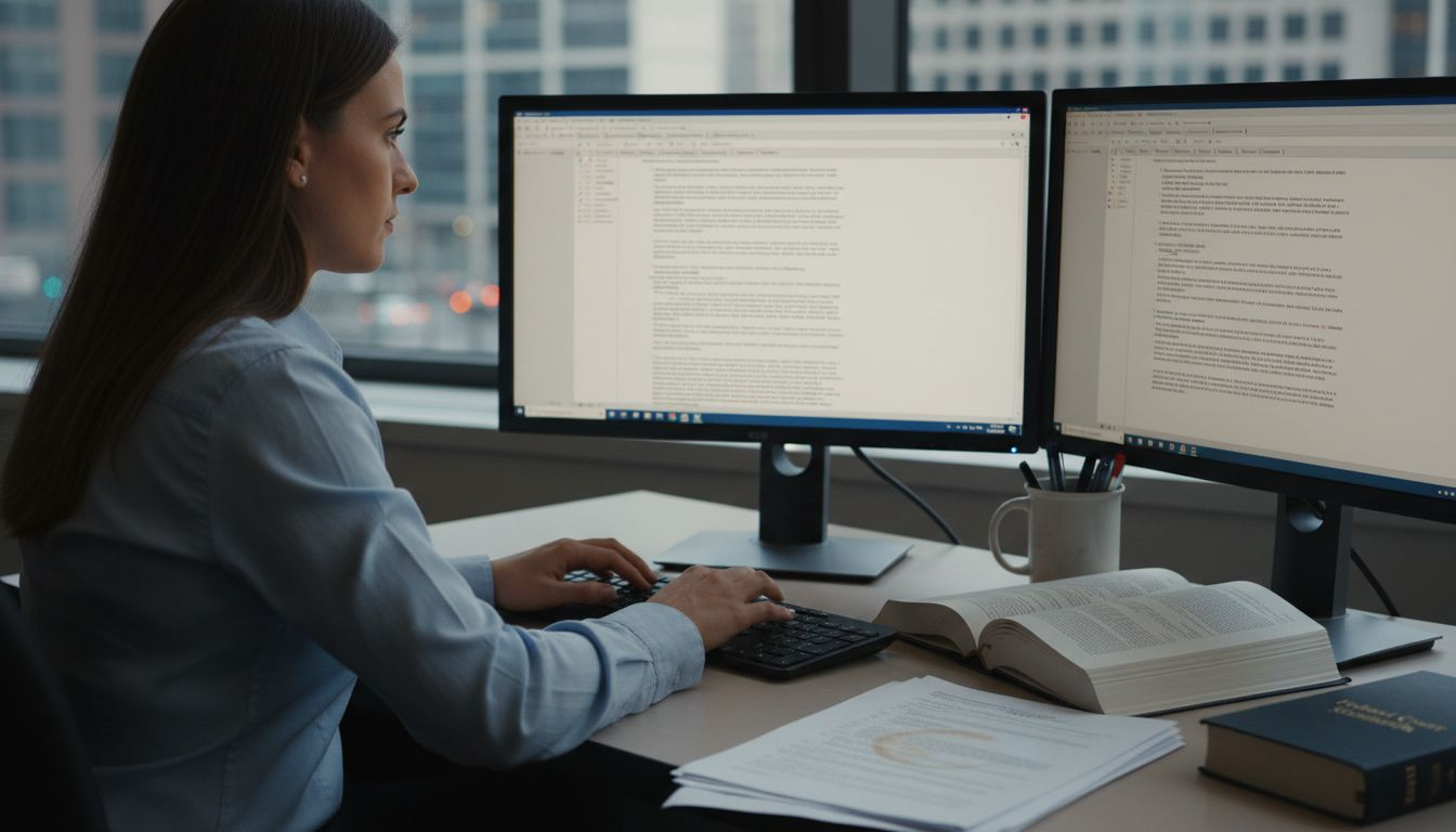 Paralegal formats legal brief at office desk