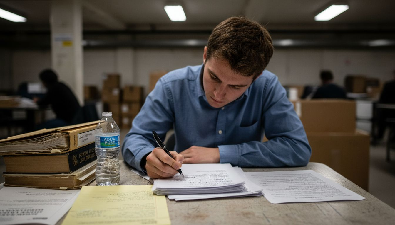 Legal Drafting: Why Precision Matters for Prisoners Litigant editing legal brief at courthouse